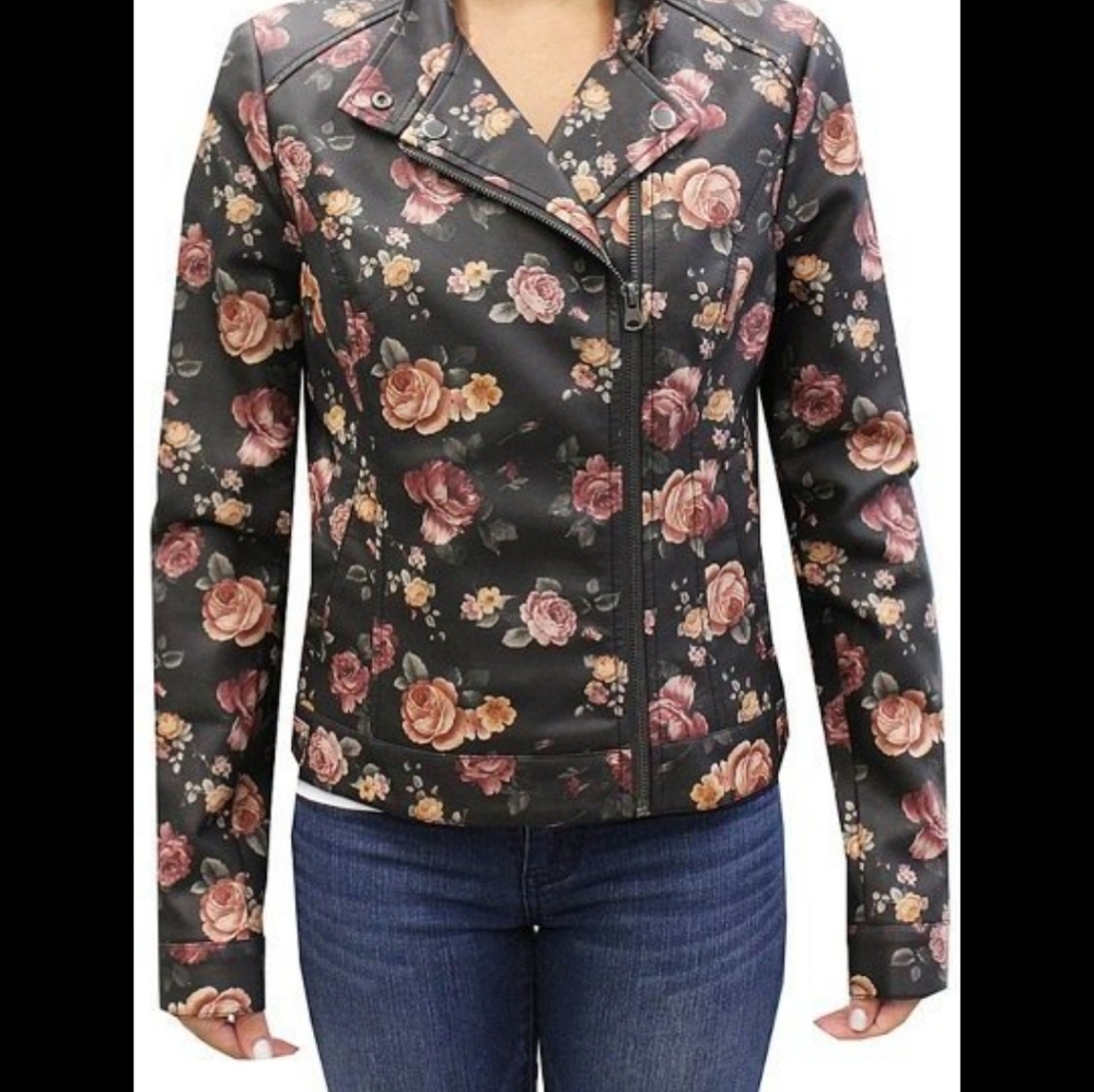 Coffeeshop floral print moto vegan leather jacket.